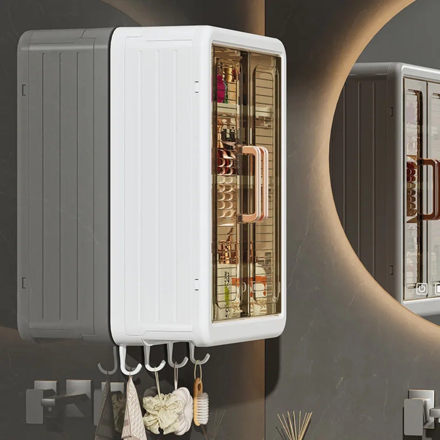 Wall Mounted Storage Cabinet Organized with Shower Items.