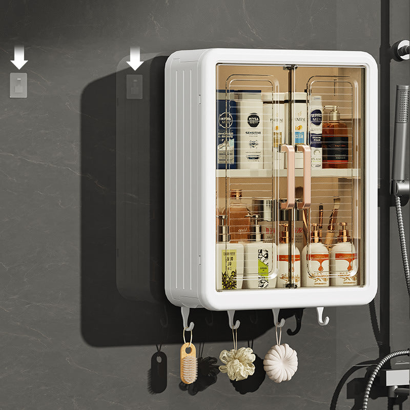 Wall Mounted Storage Cabinet Organized with Shower Items.