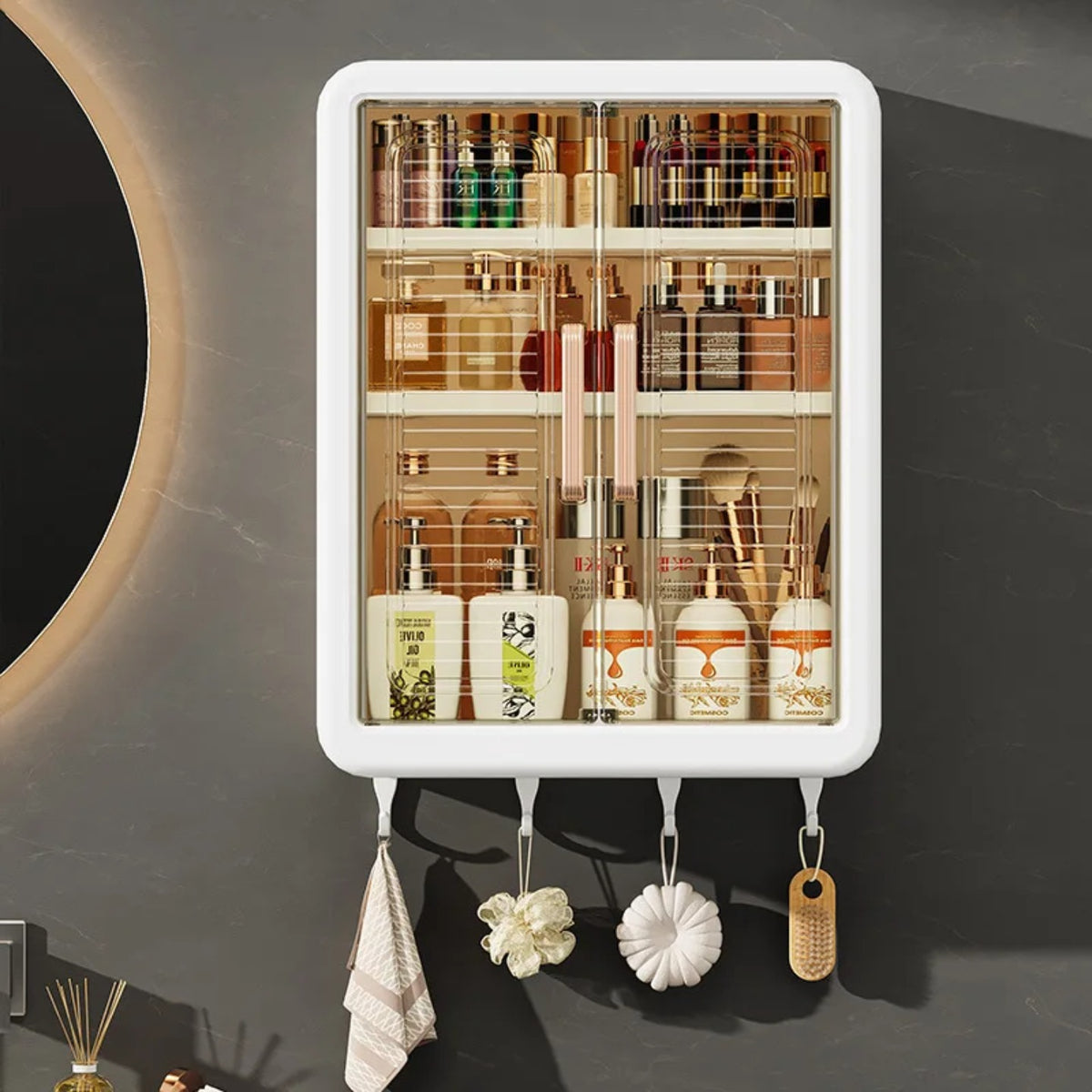 Wall Mounted Storage Cabinet Organized with Shower Items.