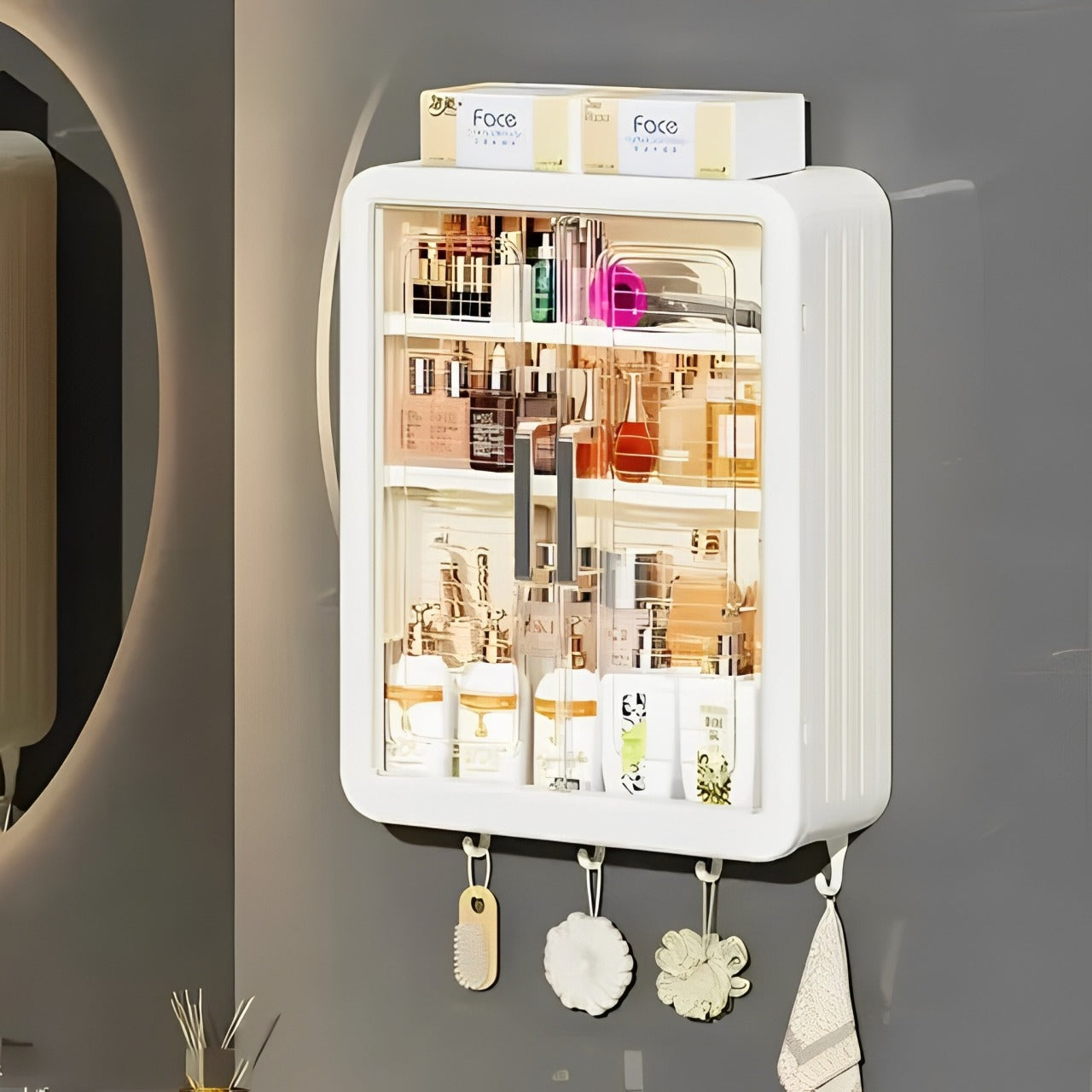Wall Mounted Storage Cabinet Organized with Shower Items.