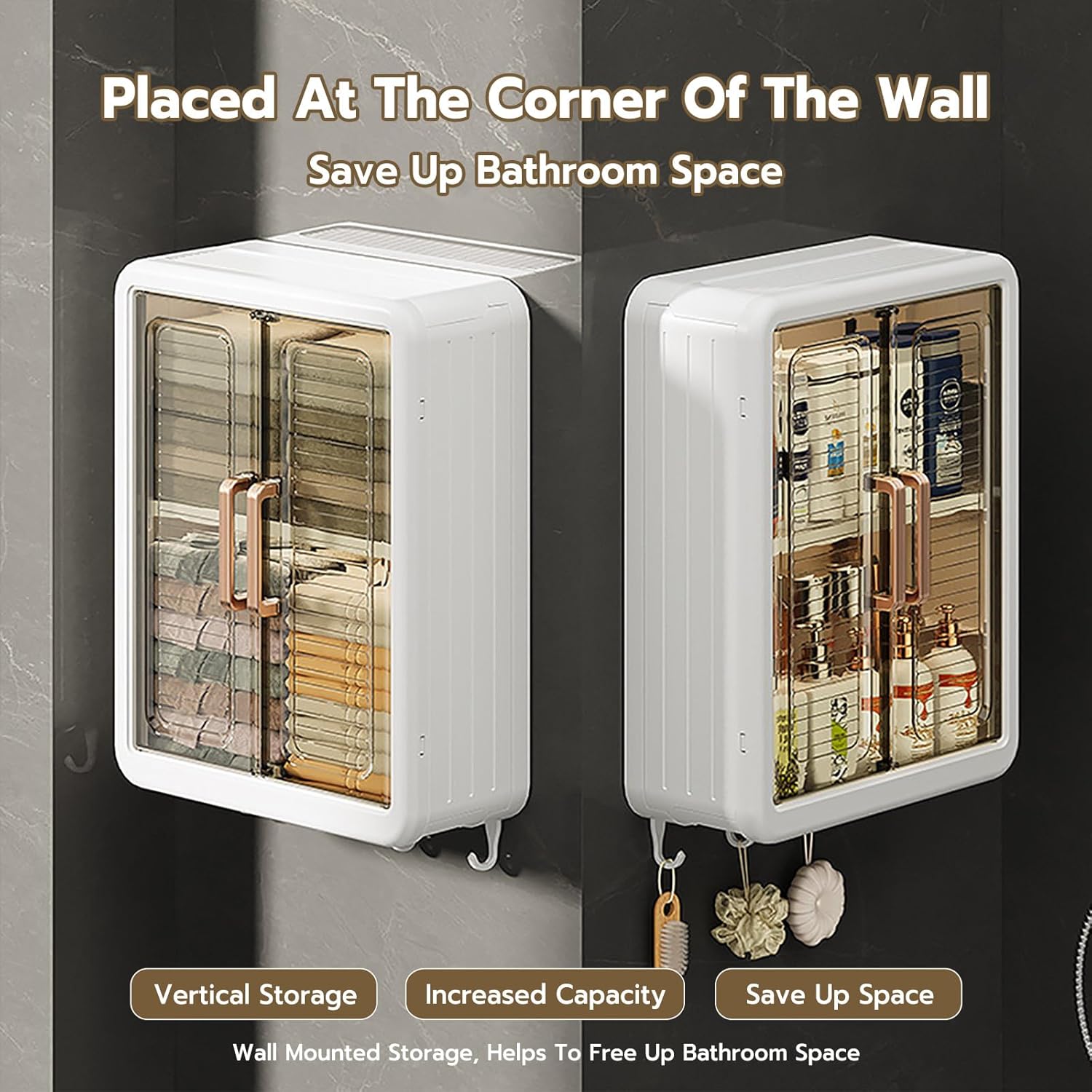 Wall Mounted Storage Cabinets Organized with Shower Items.