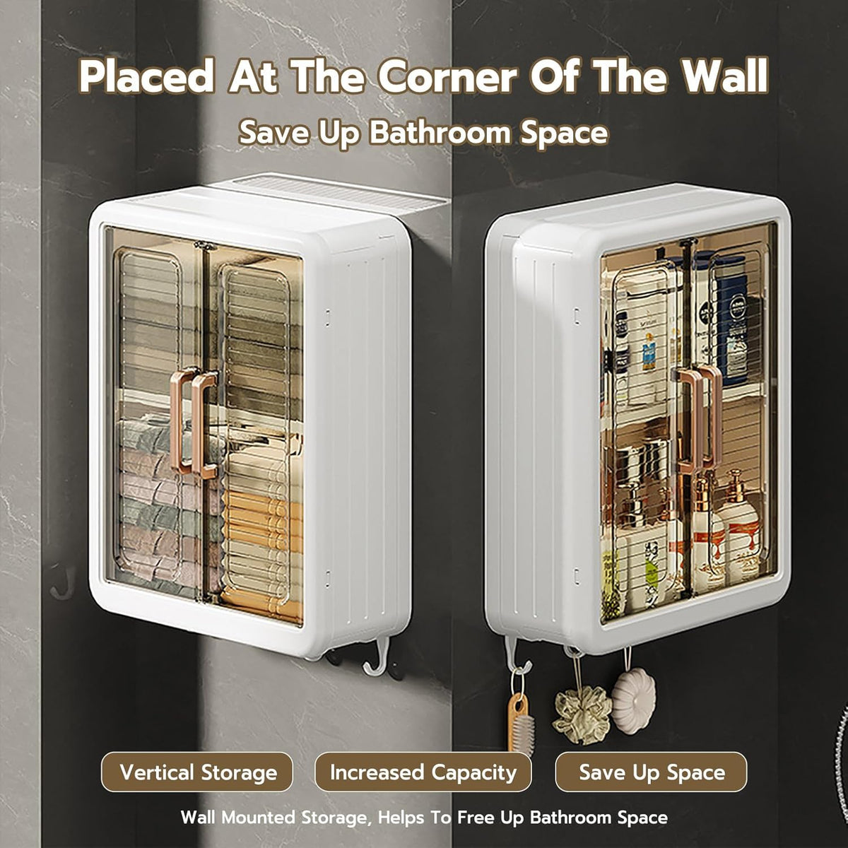 Wall Mounted Storage Cabinets Organized with Shower Items.