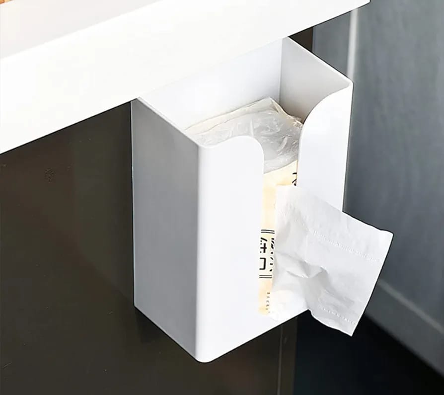 A Wall Mounted Tissue Box Holder Dispenser Rack With Tissues.