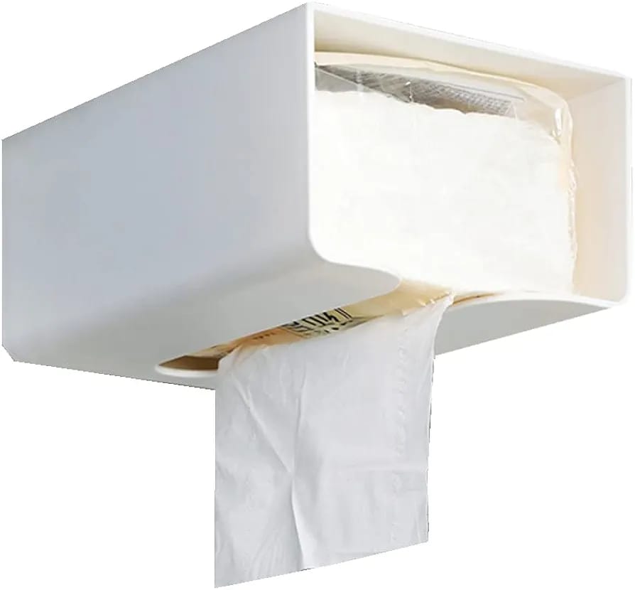 A Wall Mounted Tissue Box Holder Dispenser Rack With Tissue.