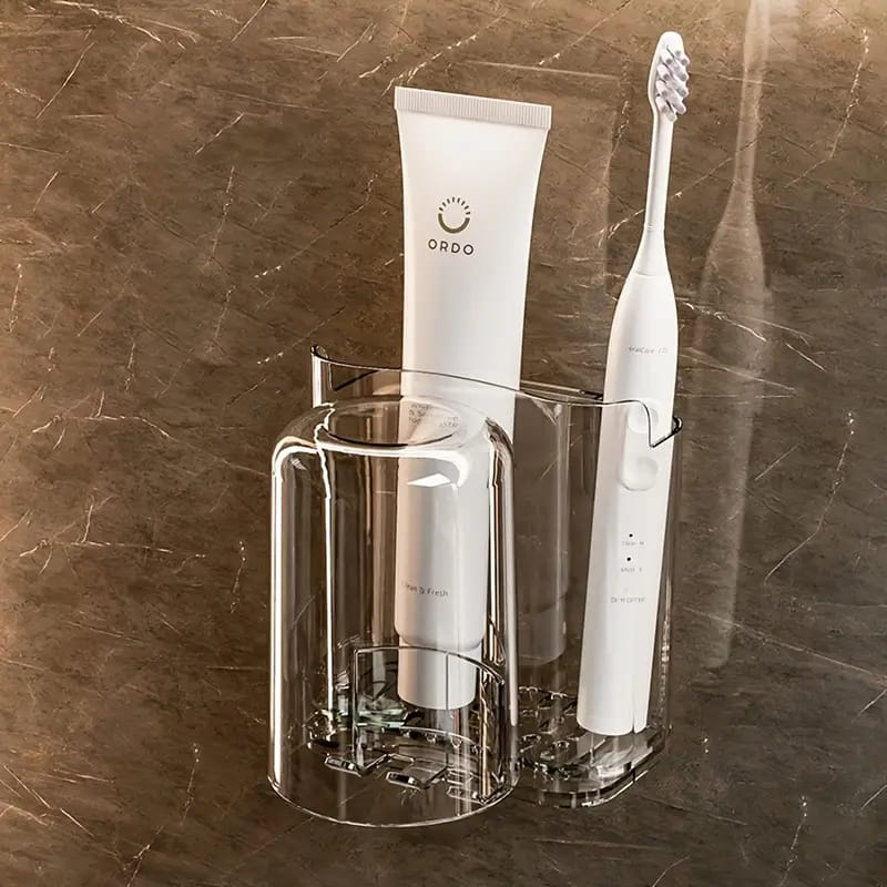 Wall Mounted Toothbrush Holder Stand Holding Brushes and Toothpaste.