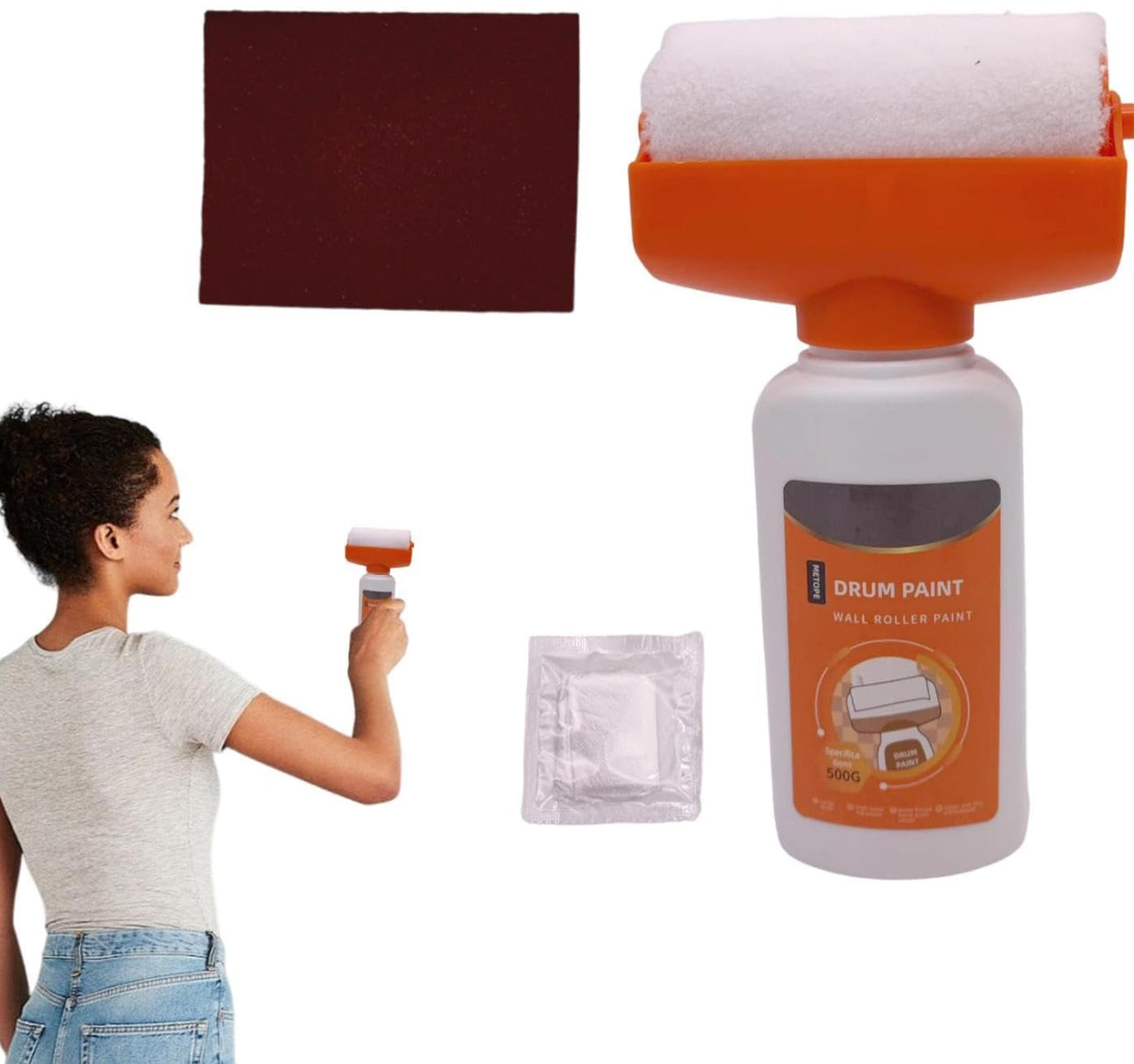 A Woman is Repairing Her Wall Using Wall Repair Paint Roller Kit.
