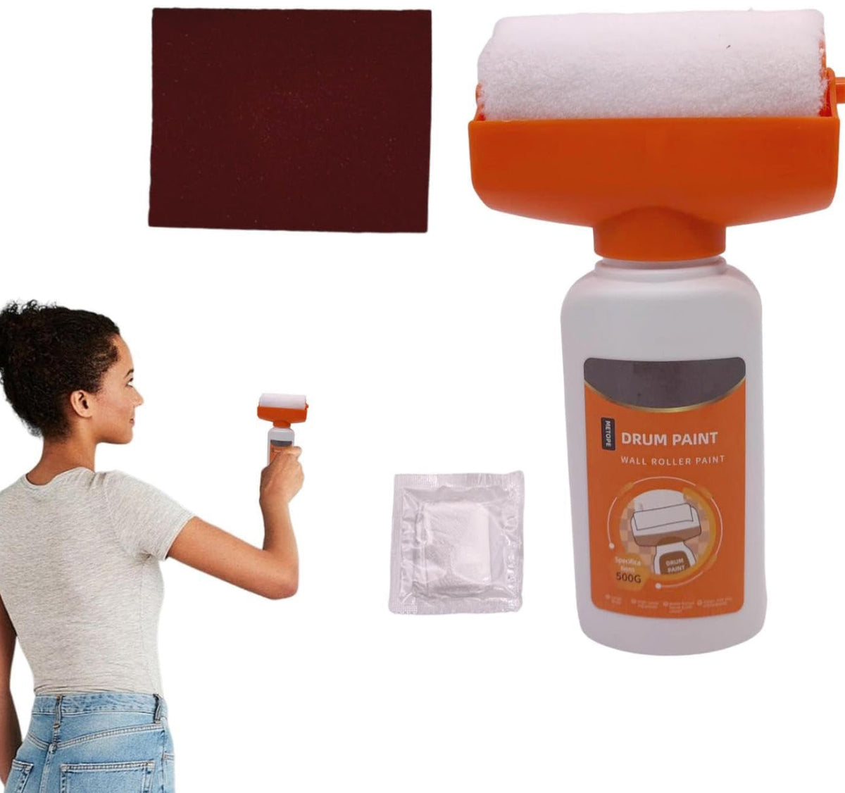 A Woman is Repairing Her Wall Using Wall Repair Paint Roller Kit.