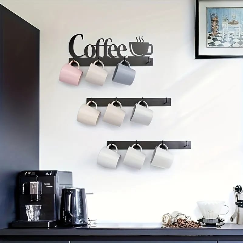 Wall Mounted Coffee Mug Holder With Cups are Hanged On the Wall.