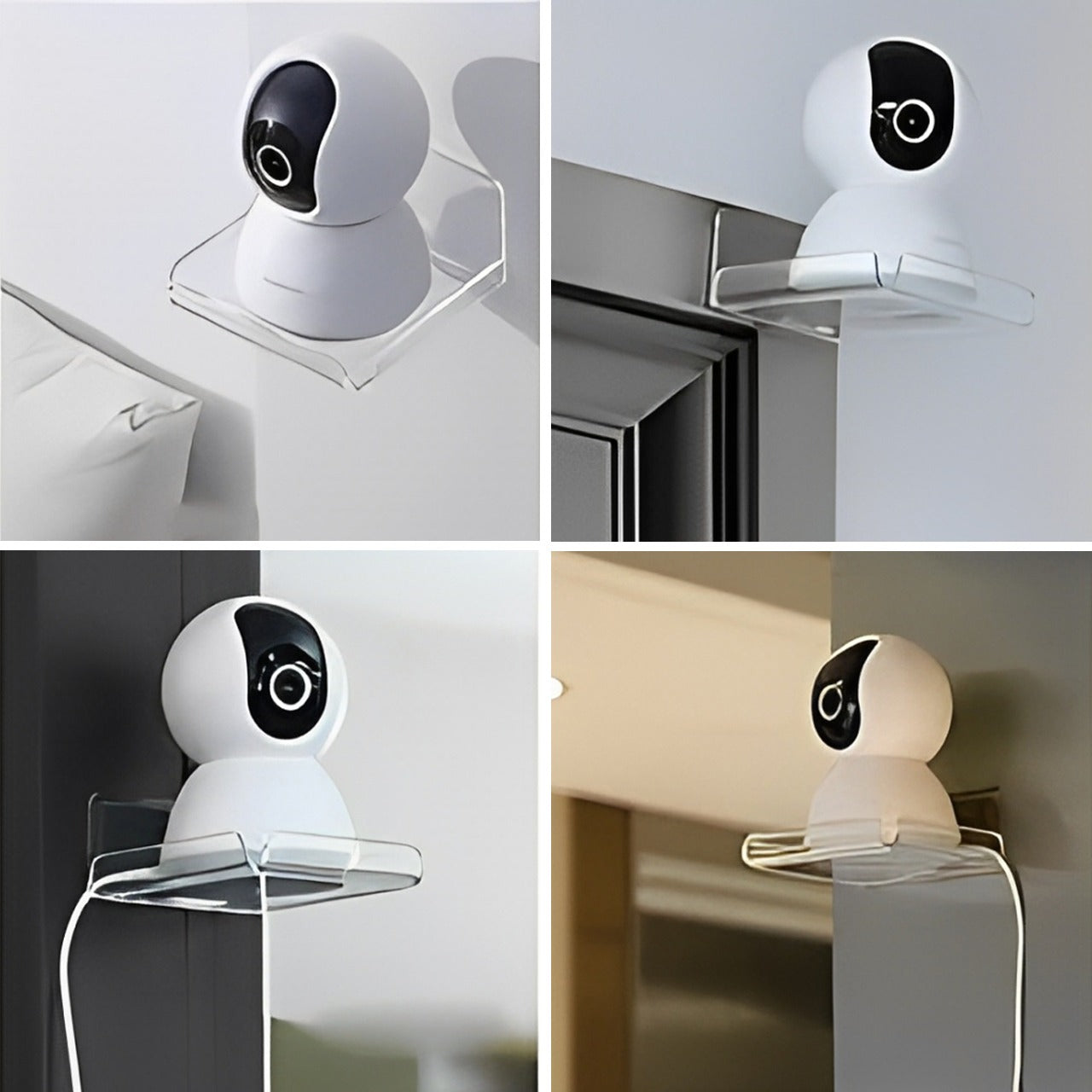 A security camera is placed on a Wall mounted mini storage rack.