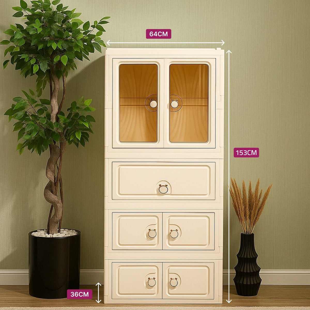 Size details of Wardrobe Cabinet placed in a cozy area.