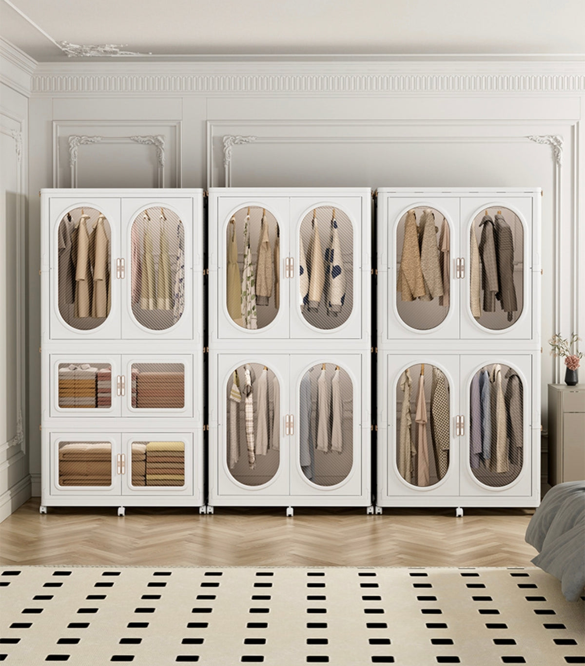 Wardrobe Storage Cabinet Shelf Bins Organized with Clothes.