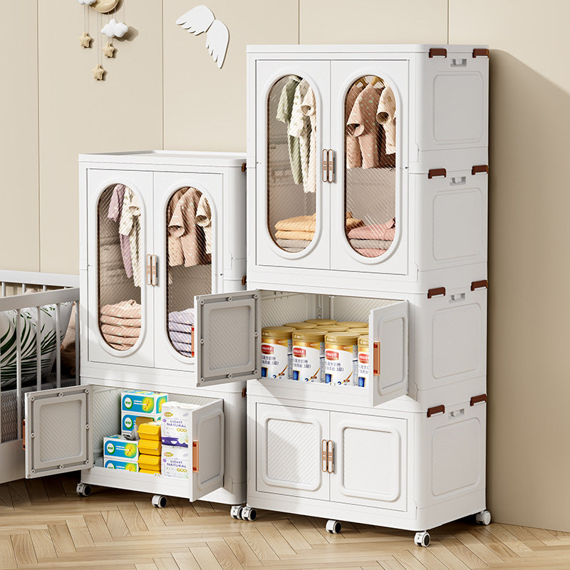 Wardrobe Storage Cabinet Shelf Bins Organized with Clothes.