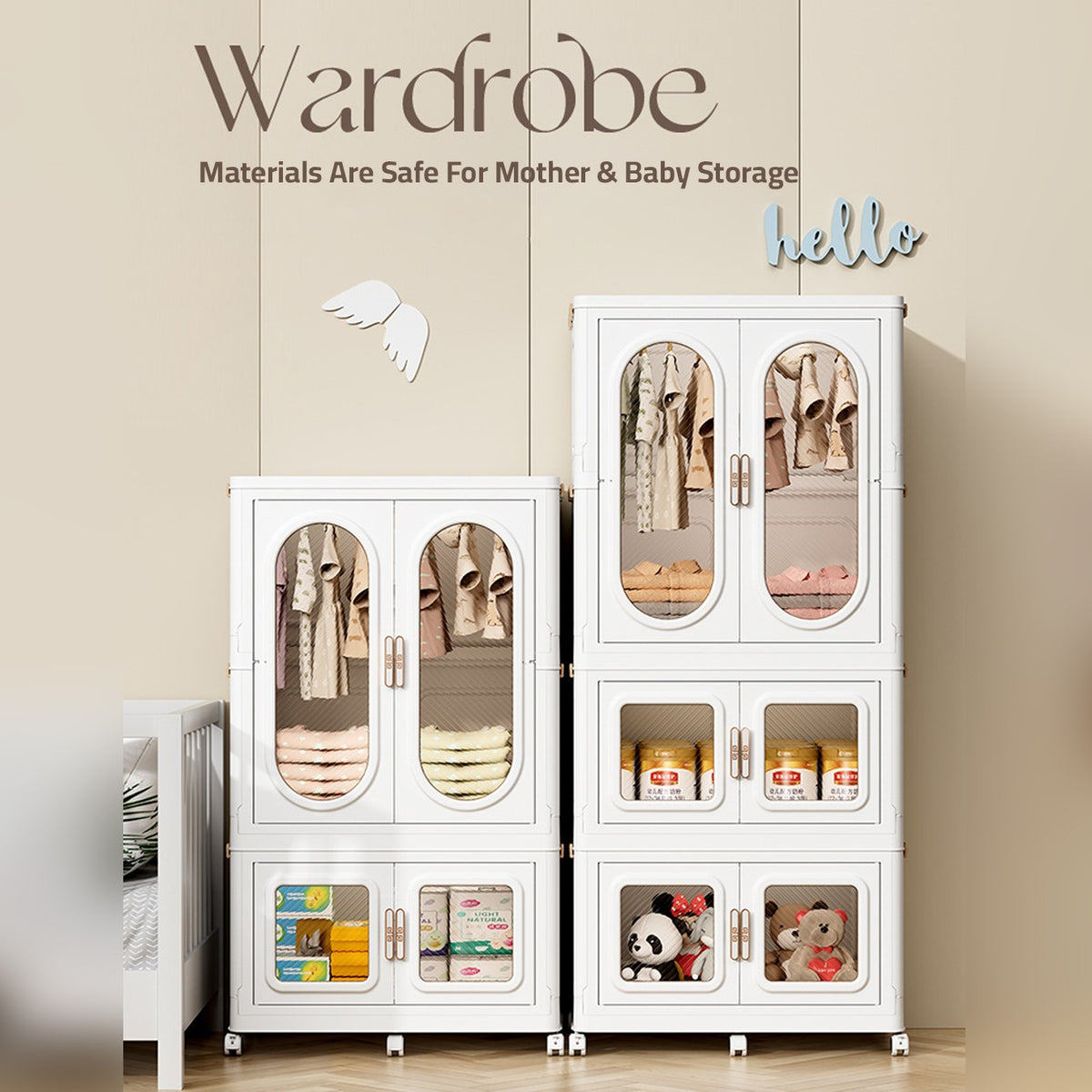 Wardrobe Storage Cabinet Shelf Bins Organized with Clothes and Baby Necessities.