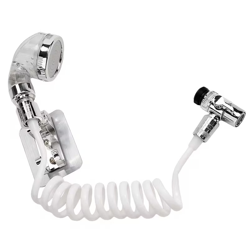 Wash Basin Handheld Shower Set with white coiled hose on a white background
