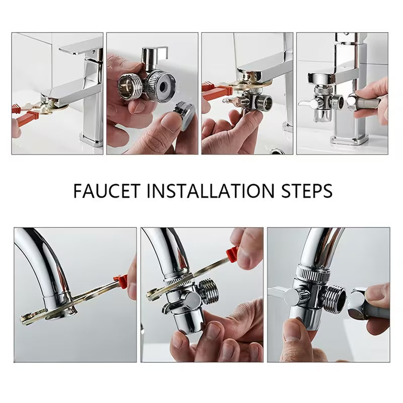 Step-by-step guide to installing a Wash Basin Handheld Shower Set with close-up shots of hands and tools.