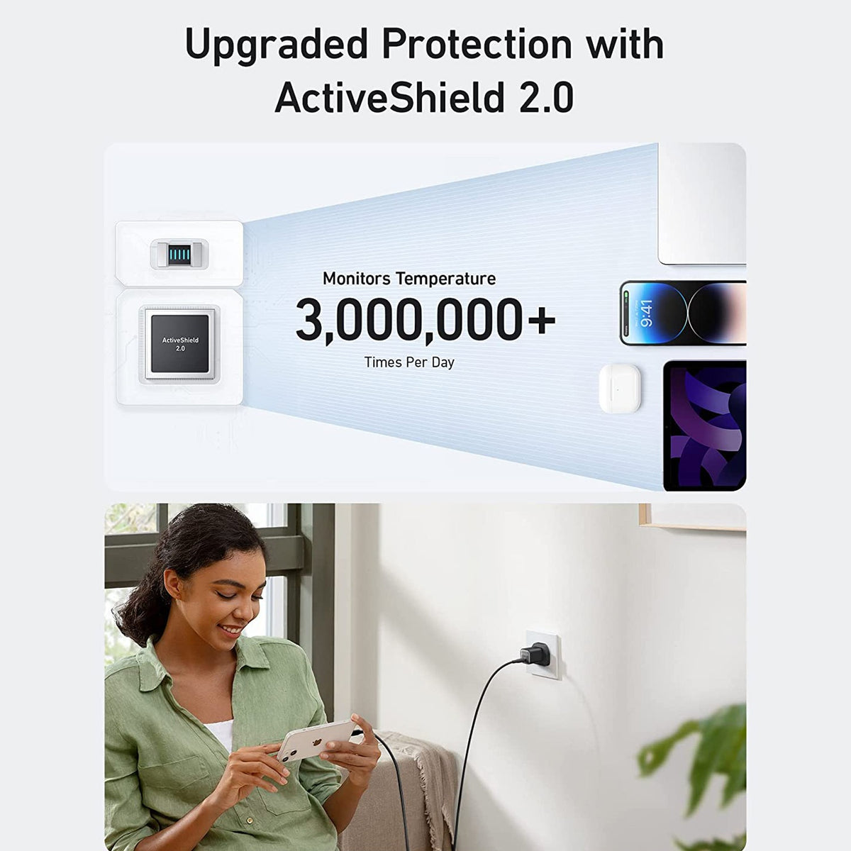 A Women is Watching Mobile Phone Which is Connected to Anker 511 Charger (Nano 3, 30W) Series 5.
