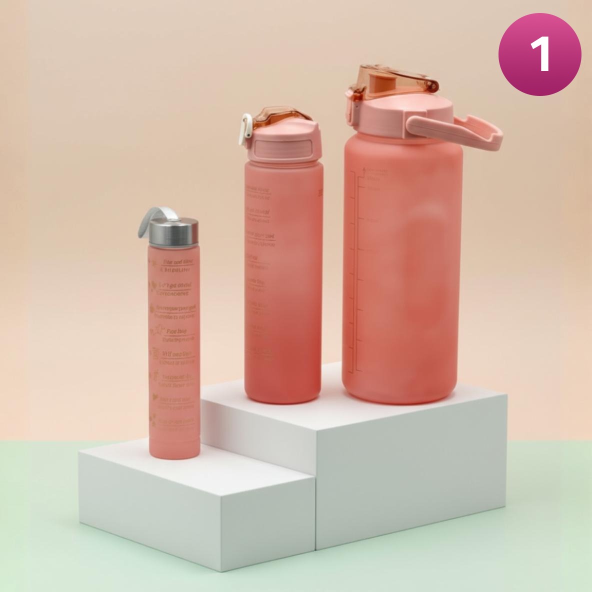 3pcs pink water bottles set placed on a podium