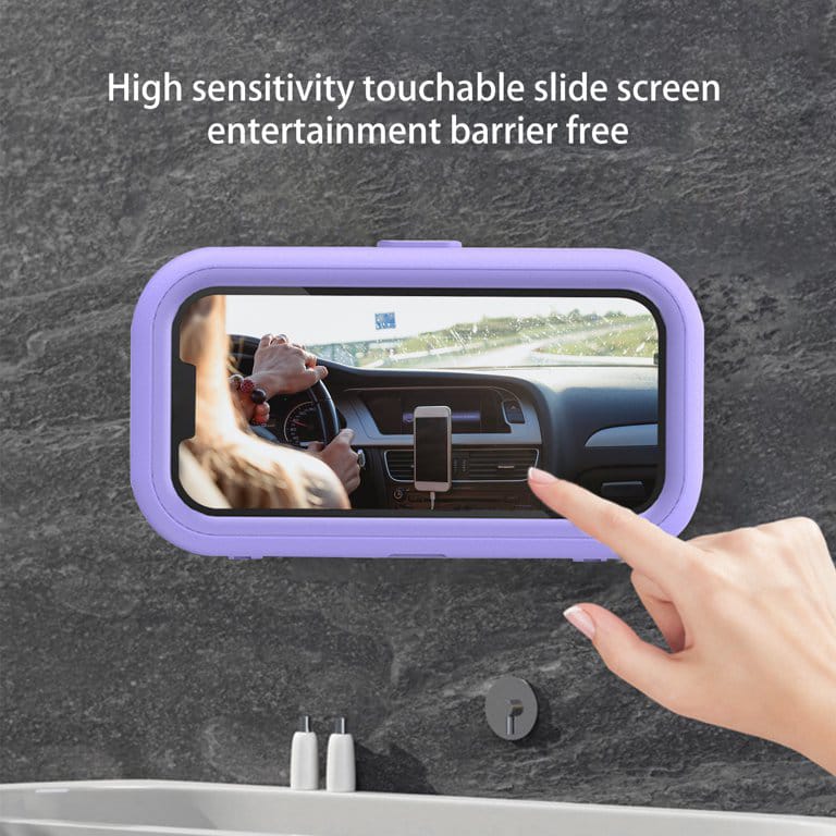 A Person is Touching The Screen of Mobile Phone Which is Placed in A Bathroom Waterproof Mobile Phone Holder.