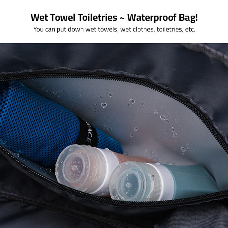 Wet Toiletries are Placed Inside Multi-Pocket Travel Duffle Luggage Bag.