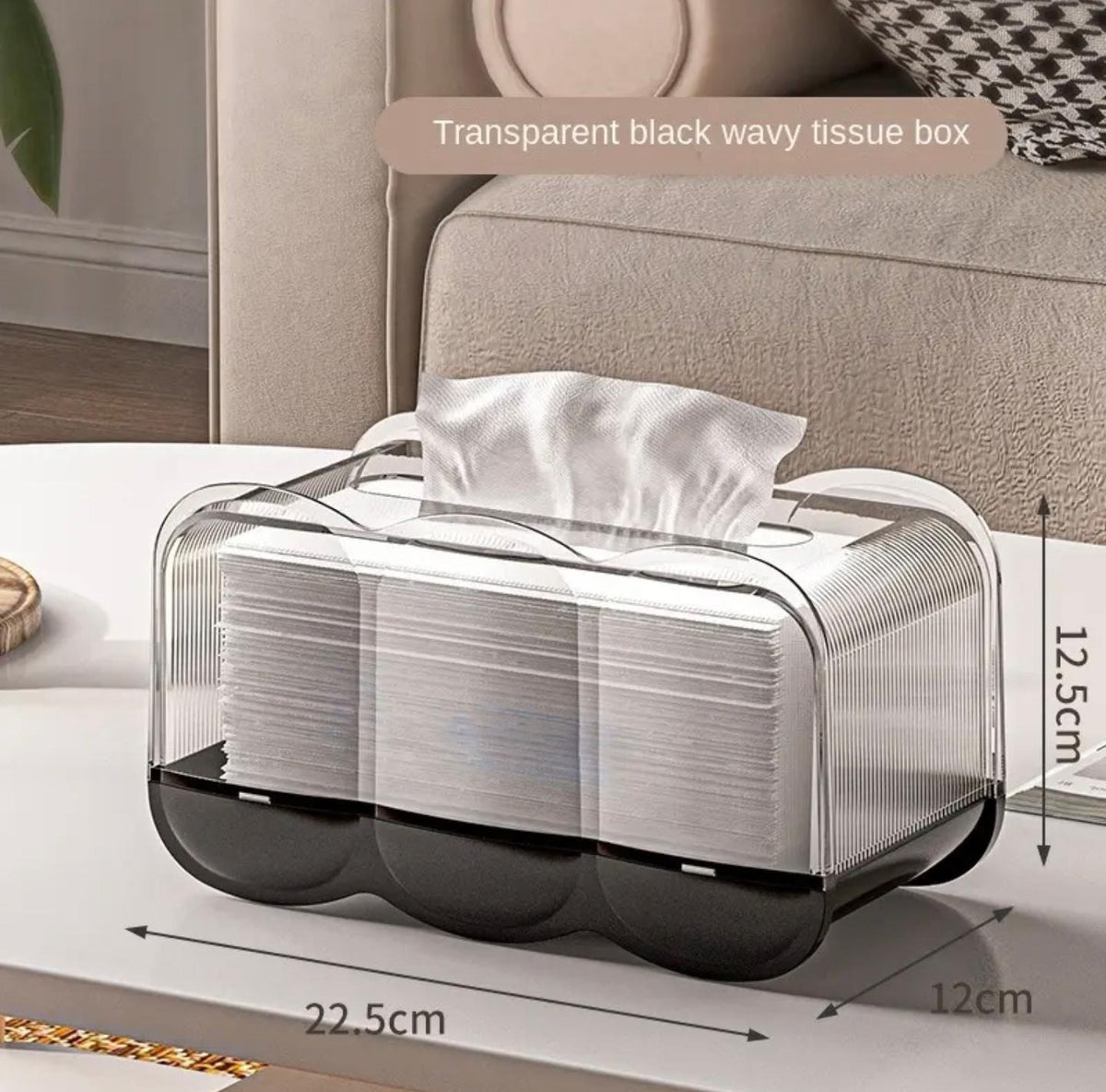 Size of Transparent Black Wavy tissue box