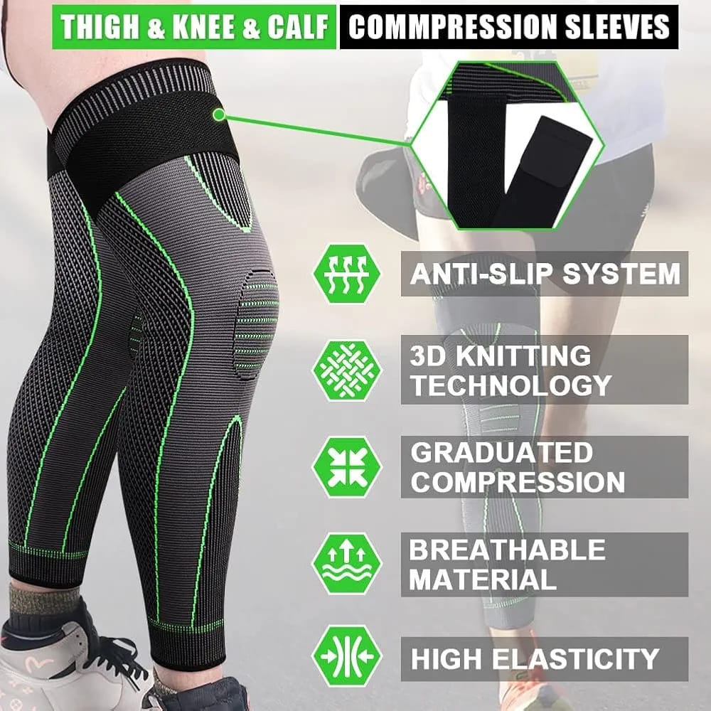 A Person is Wearing Full Leg Compression Knee Support Sleeves.
