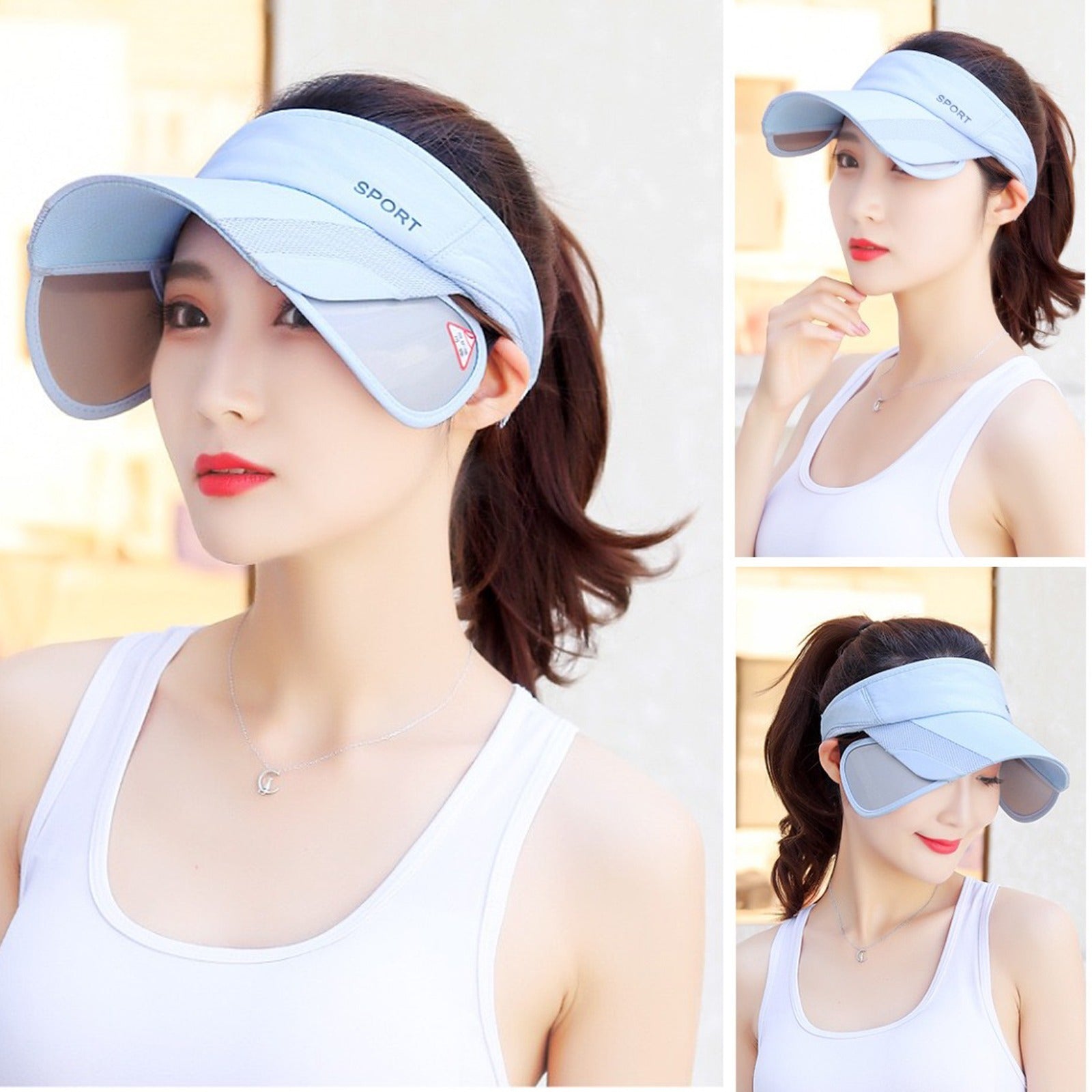 A Women is Wearing Sun Visor Protection Cap.