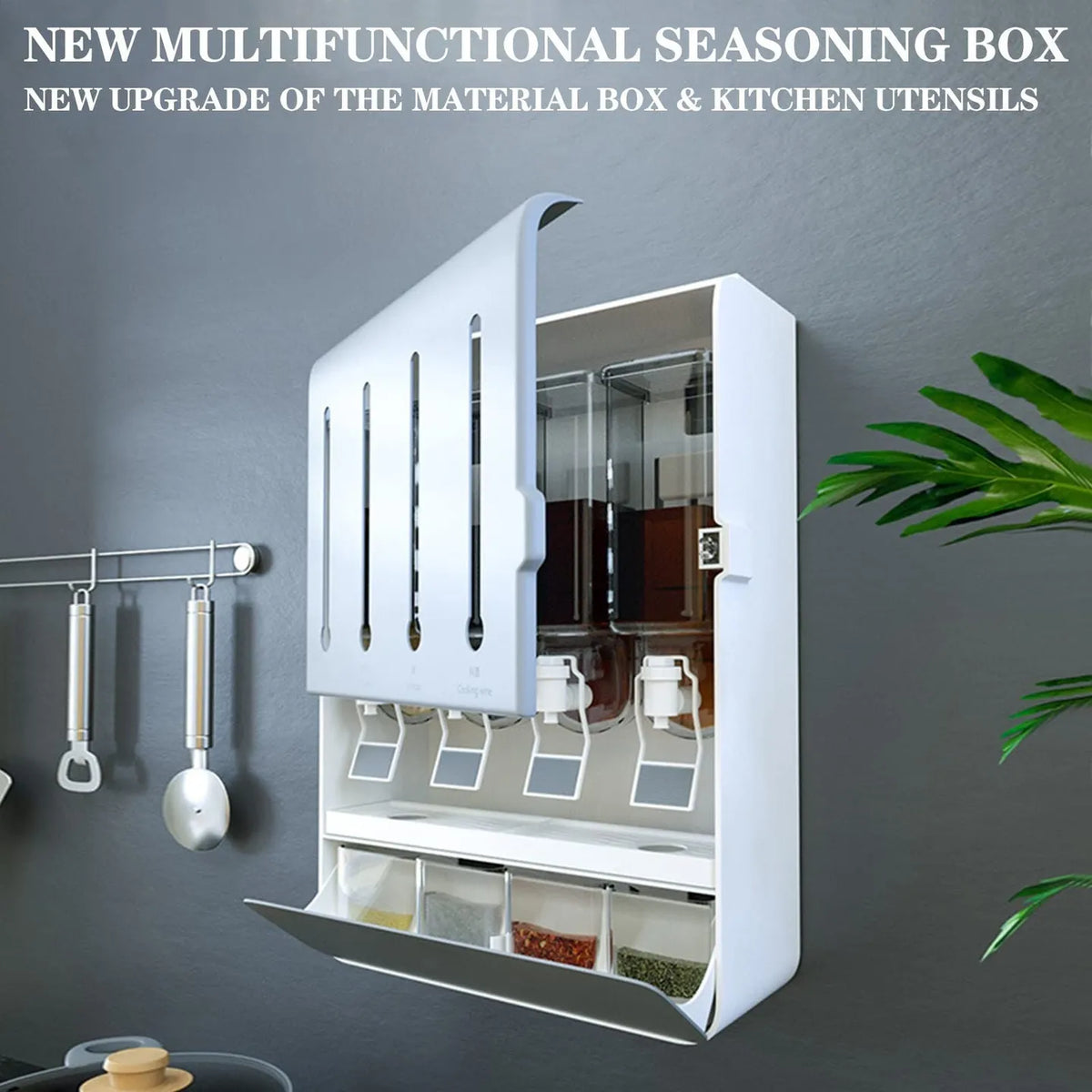 Different features of Wall Hanging Spice Rack Seasoning Organizer For Kitchen Cabinet placed on the wall
