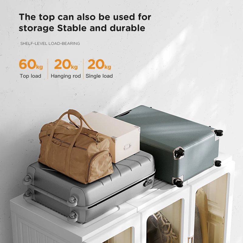 a group of luggage on top of a Portable Clothes Wardrobe Storage Organizer 