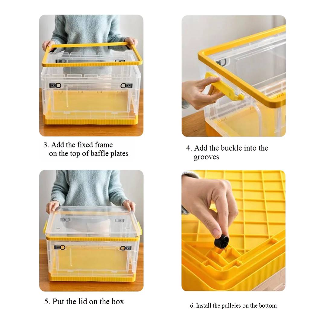 Visual instructions on how to use foldable plastic storage boxes with latching lids