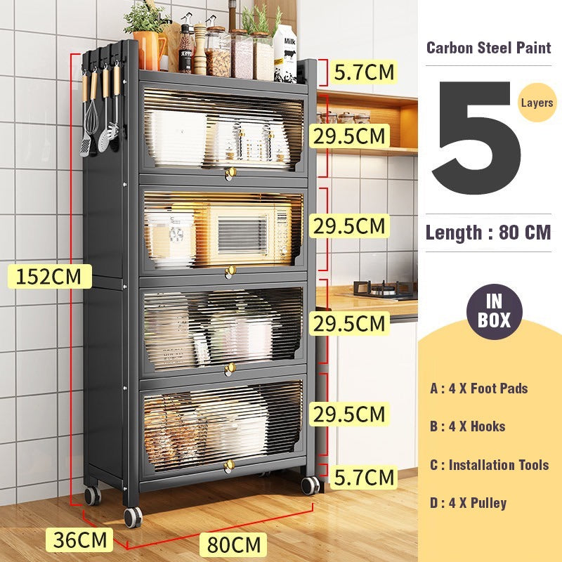 5 Layer Multifunctional Kitchen Cabinet Pantry Movable Storage Rack with Door