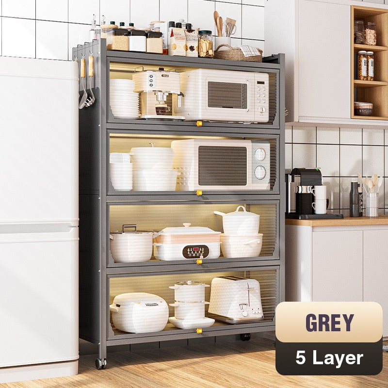 5 Layer Multifunctional Kitchen Cabinet Pantry Movable Storage Rack with Door