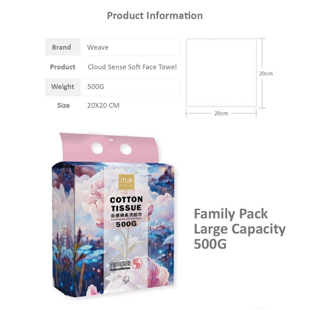 Showcasing Cotton Disposable Dry Tissue Wipes with its Highlight,Weight ,Name and Package Size 