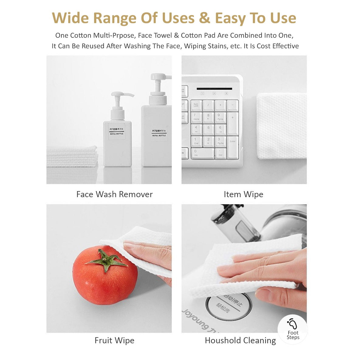 Collage Image displaying four various areas of use with Cotton Disposable Dry Tissue Wipes
