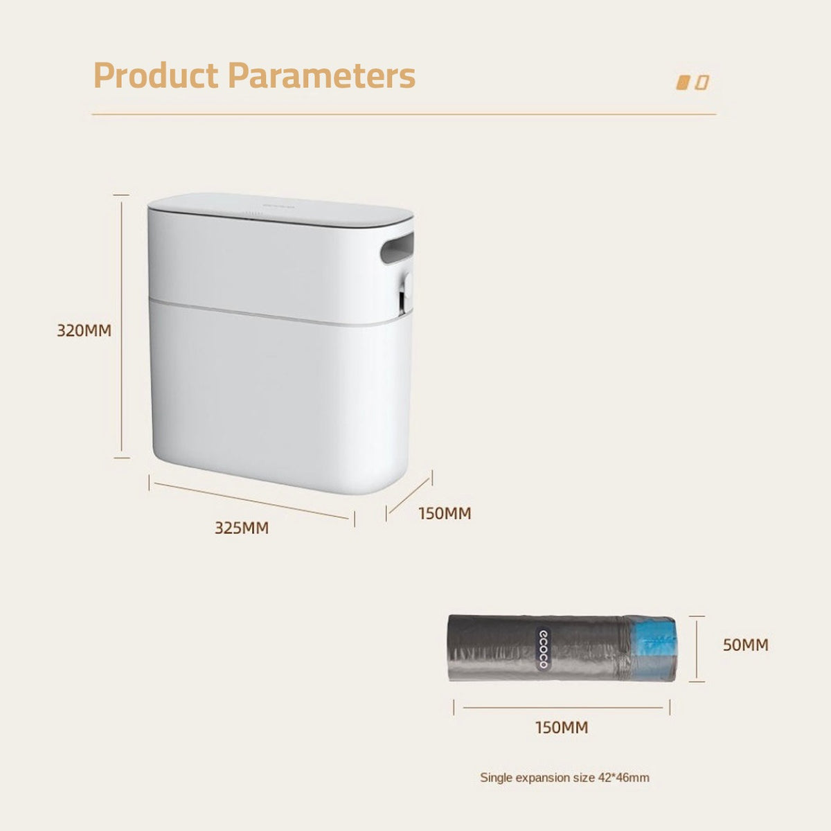 Showcasing the Press-type Trash Can and its trash bag with their size 