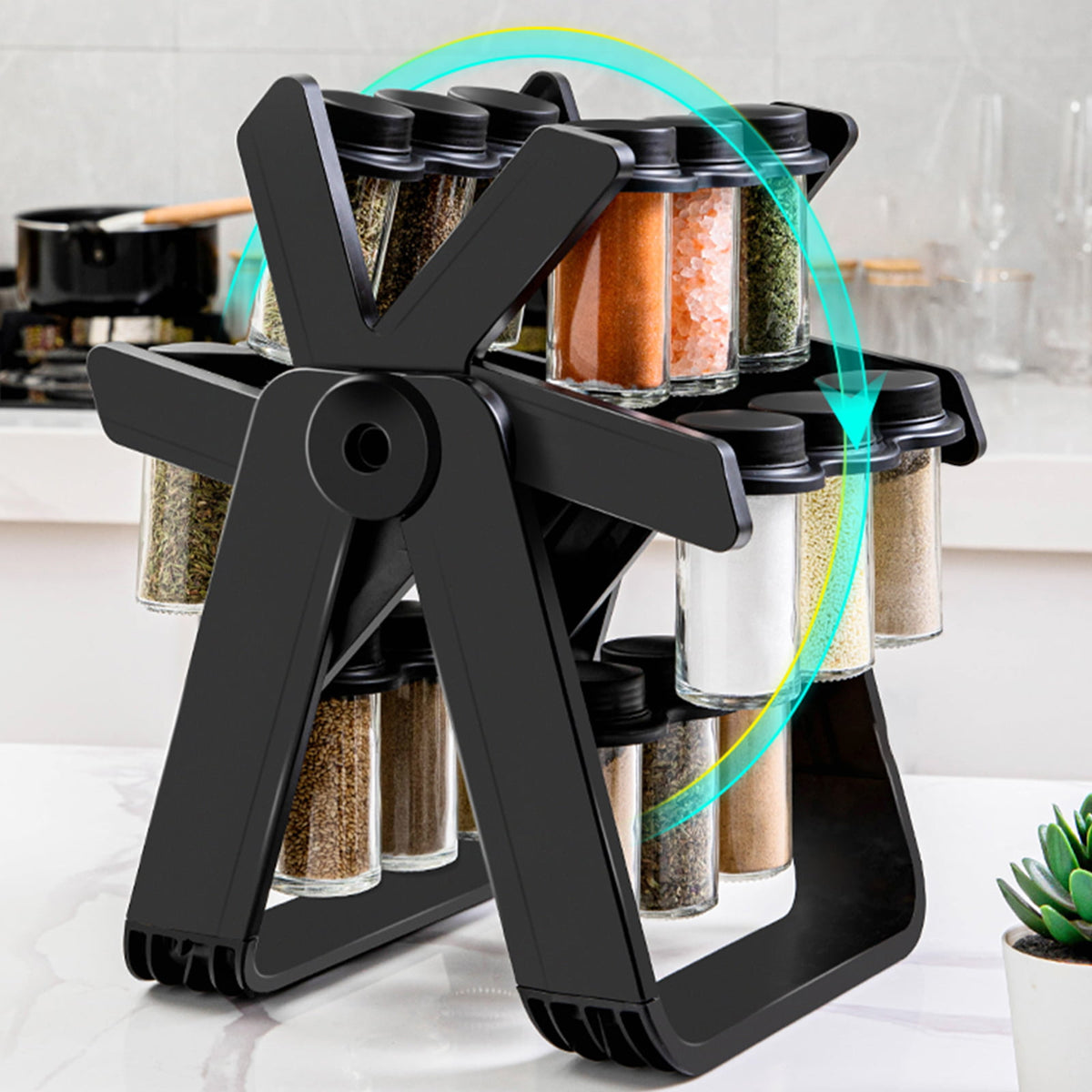 18 Jars Rotating Carousel Wheel Kitchen Spice Rack Organizer indicating rotatable