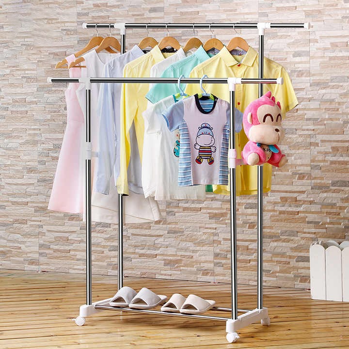 Double Rods Clothes Drying Stand, Garment Rack with Wheels Height Adjustable Hanger