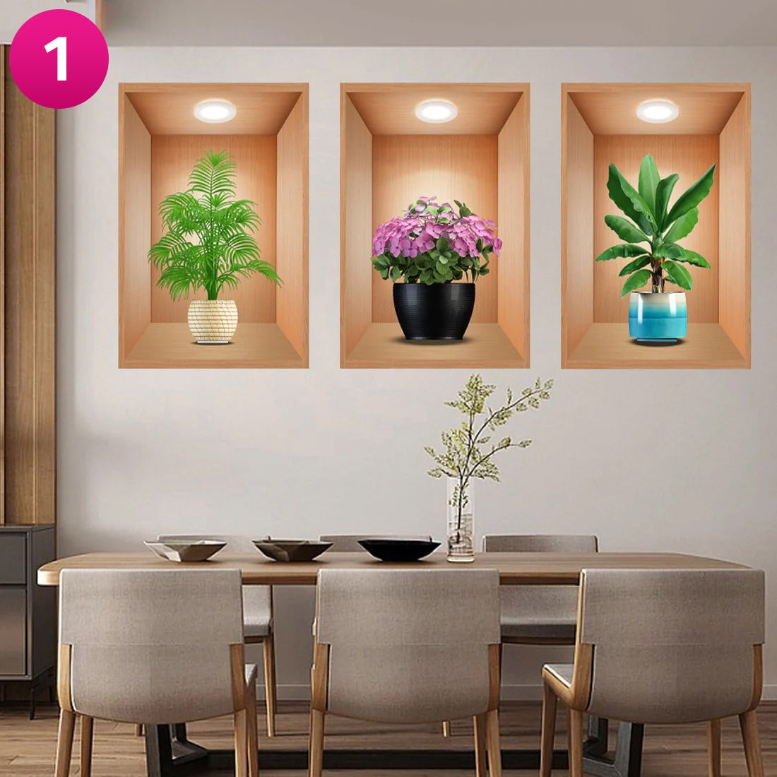 3D Effect Potted Triptych Posters, Decorative Wall Plant Stickers