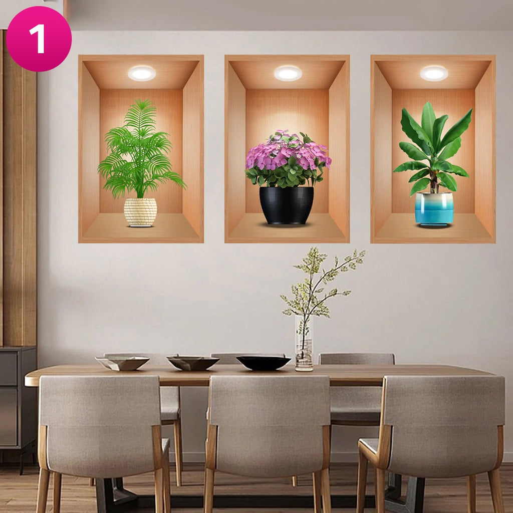 3D Effect Potted Triptych Posters, Decorative Wall Plant Stickers 3D Effect Potted Triptych Posters, Decorative Wall Plant Stickers