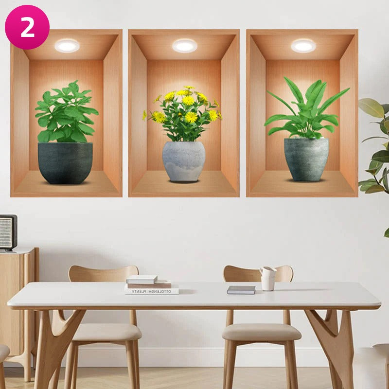 3D Effect Potted Triptych Posters, Decorative Wall Plant Stickers