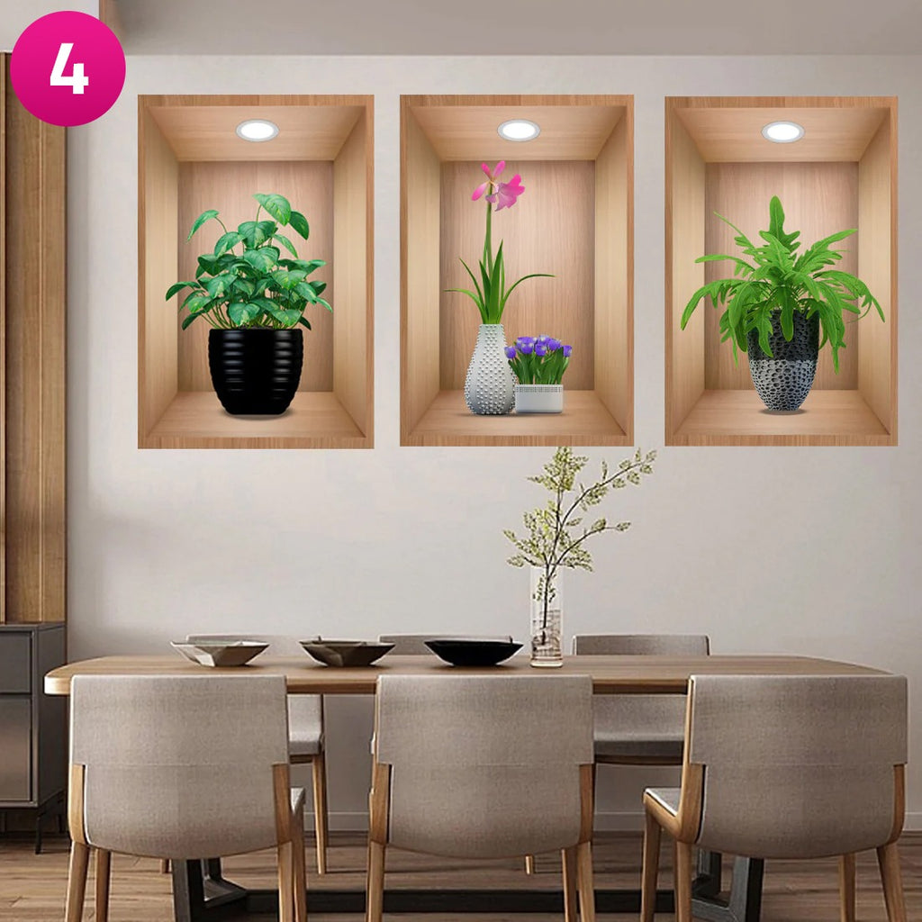 3D Effect Potted Triptych Posters, Decorative Wall Plant Stickers 3D Effect Potted Triptych Posters, Decorative Wall Plant Stickers