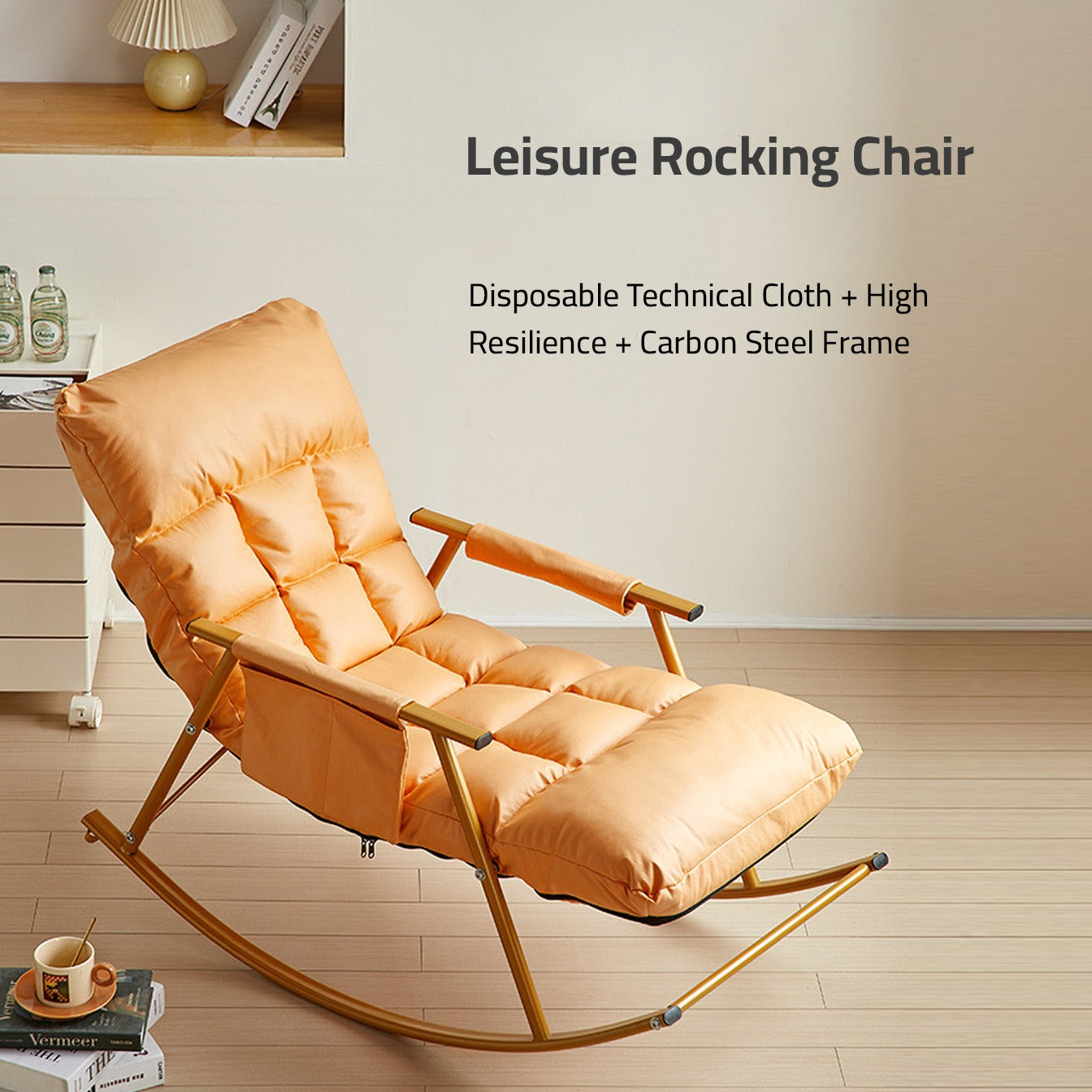 A leisure rocking chair featuring the words 'Leisure Rocking Chair' and designed with a leg rest.