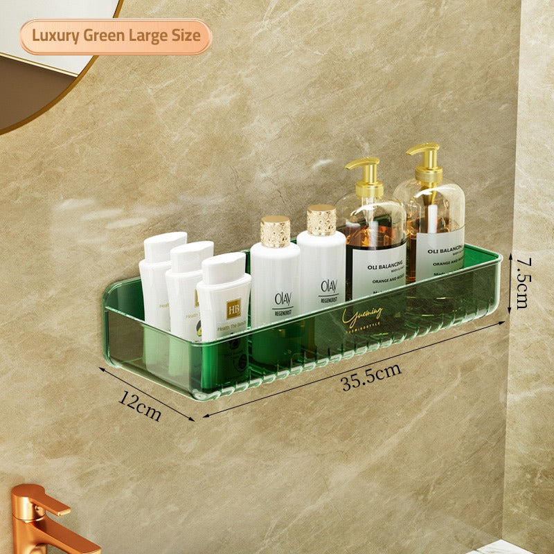 A wall-mounted green bathroom storage rack with toiletries, shampoo, and cosmetics 