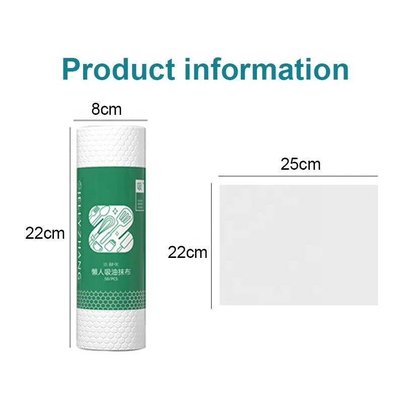 1 Roll/25pcs Disposable Kitchen Cleaning Cloth Roll displays the size before opening and after opening 