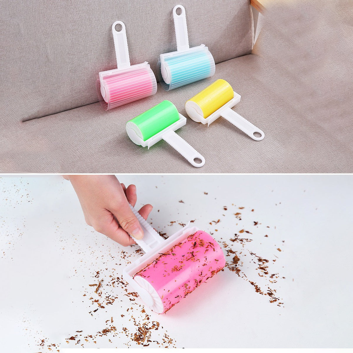 Reusable Lint Remover in all color variants kept on a sofa while the other side of the picture shows a person rolling dust from a surface using the product