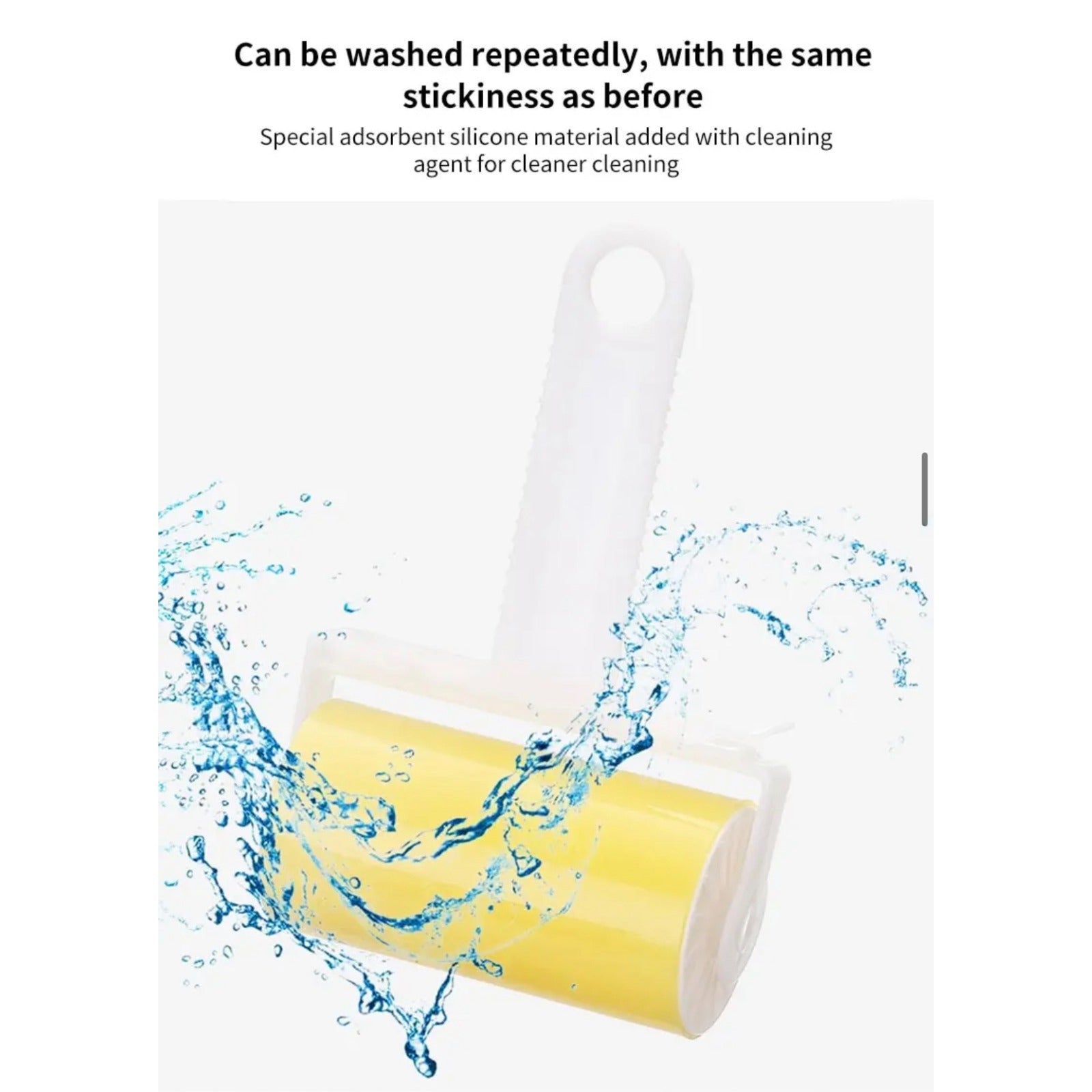 Reusable Lint Remover with water splashing on it showcasing it can be washed repeatedly with the same stickiness as before