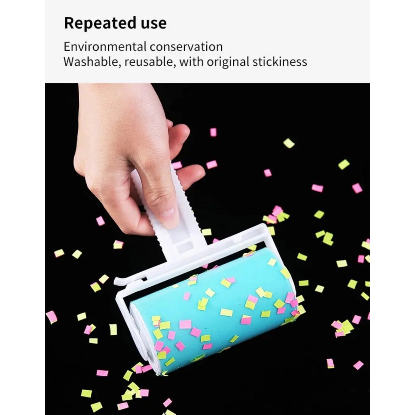 A person rolls confetti using a reusable lint remover