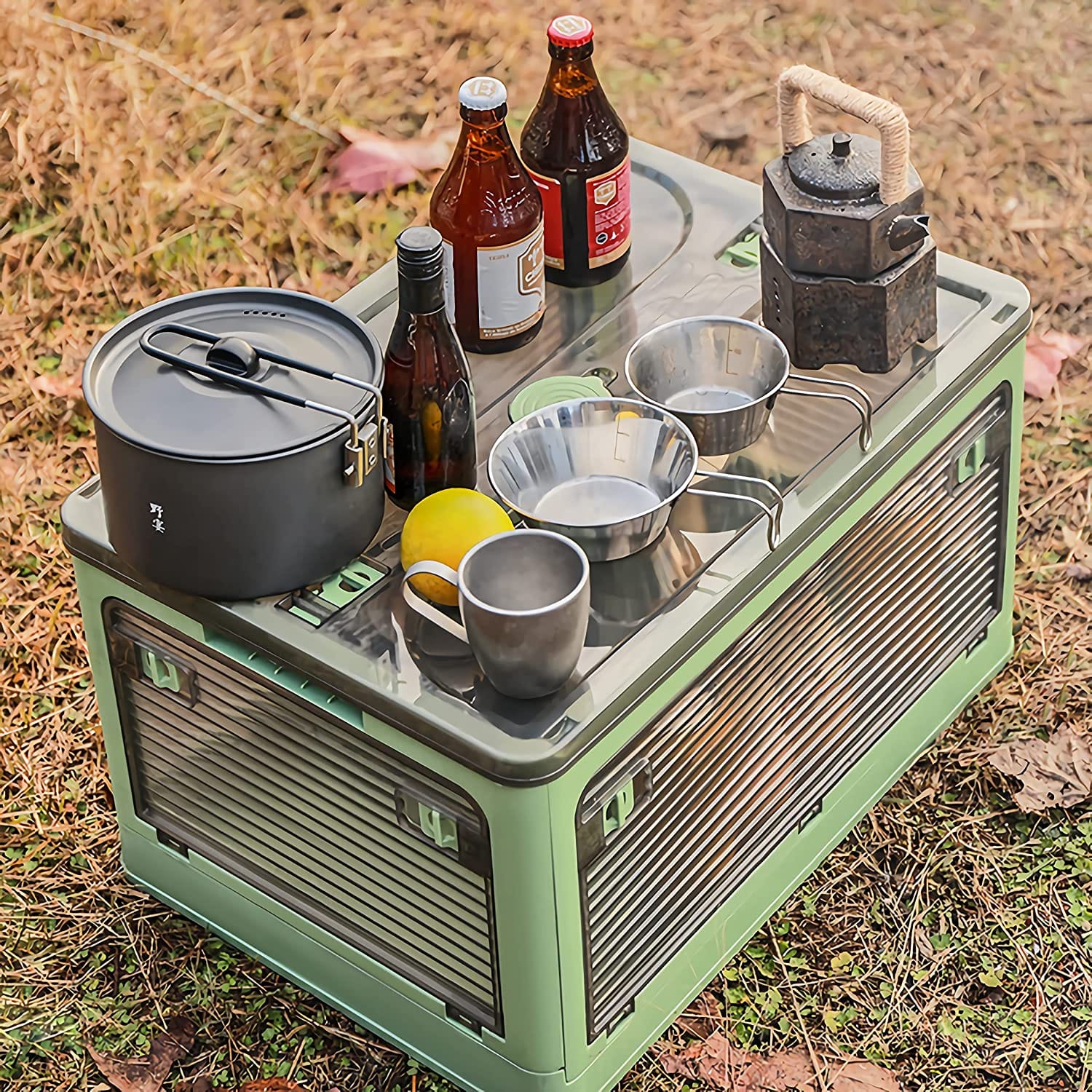 Foldable Transparent Storage Box with Wheels being used for outdoor camping 