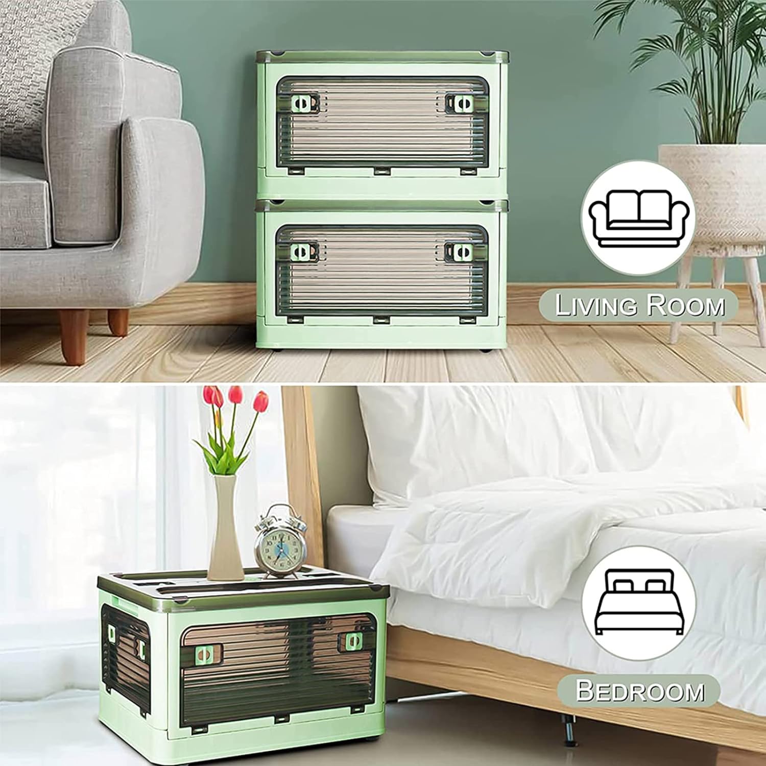 Foldable Transparent Storage Box with Wheels kept in a bedroom and living room