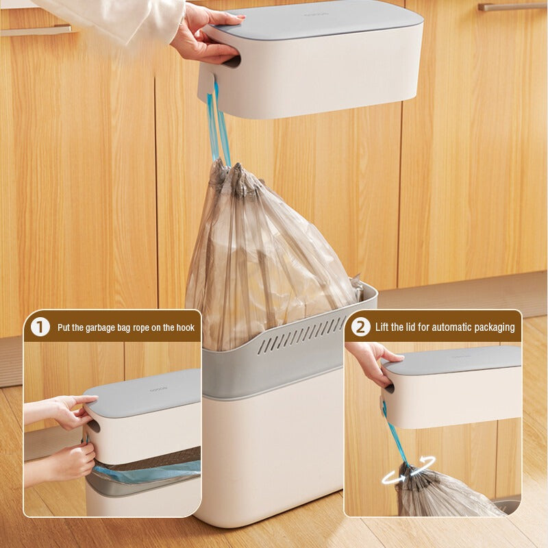 A person holding Drawstring Garbage Bags along with trash can showing Instructions on how to use