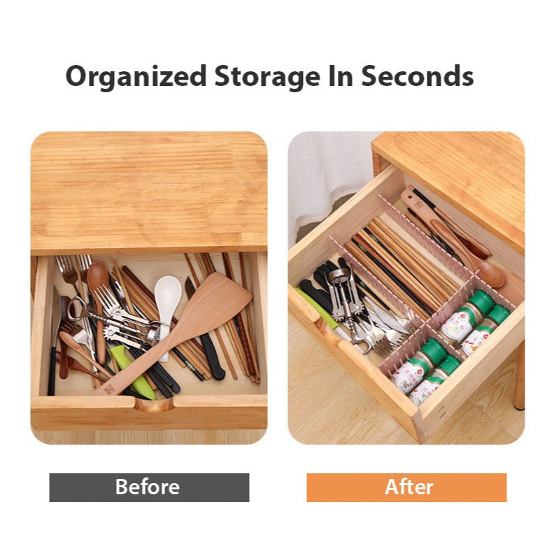 Comparison of a drawer before and after the use of Adjustable Drawer Dividers